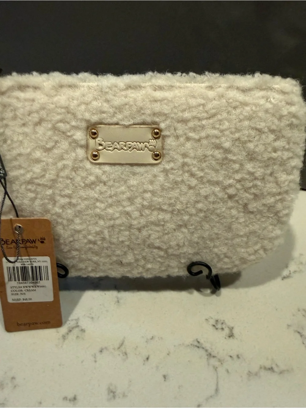BearPaw Cream Sherpa Wristlet Clutch with Gold Plaque